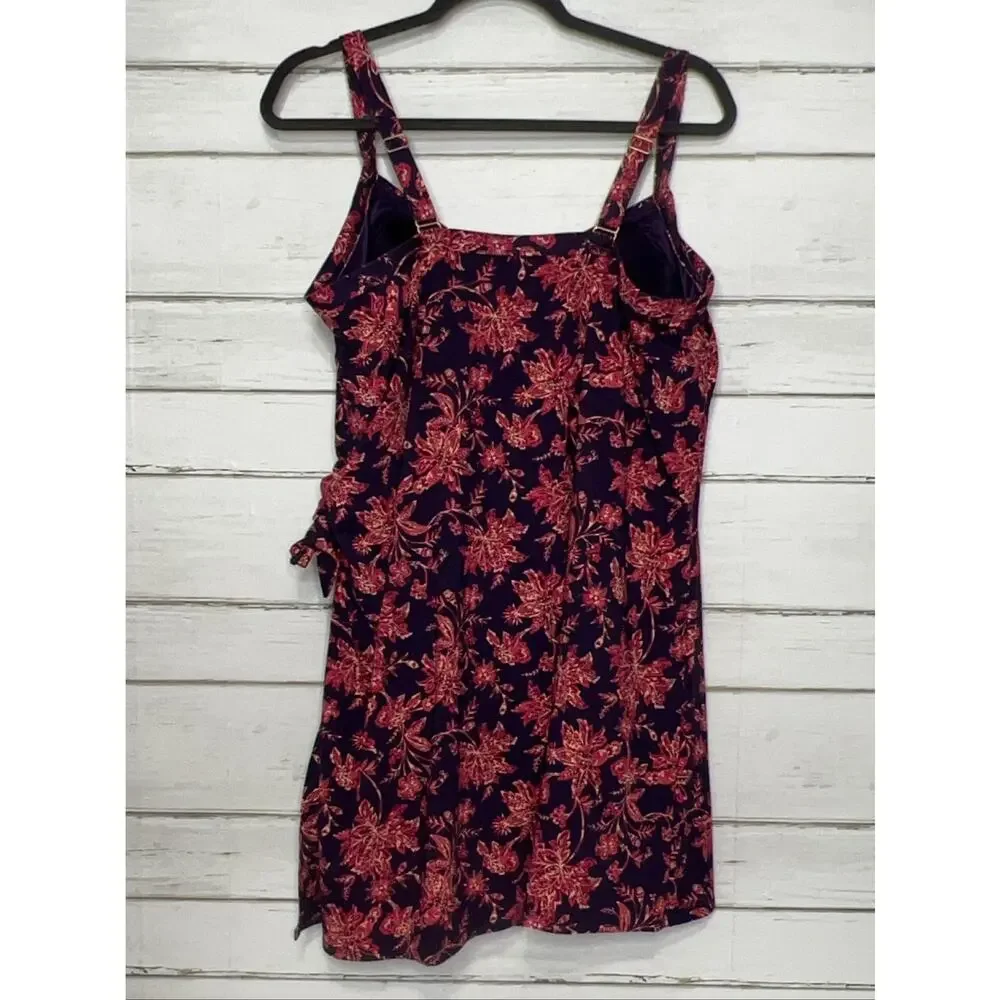 Lands' End Floral Print Swim Dress Women's Plus 18W Built-in Bra Purple Red